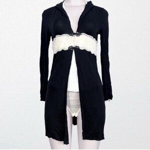 90s Y2K Whimsigoth Witchy Jersey Knit Robe jacket Lacy SZ S Black Cream